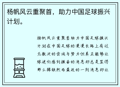 杨帆风云重聚首,助力中国足球振兴计划。